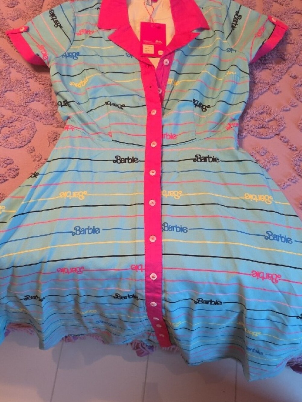 Barbie Blue Dress with Hot Pink Trim and Striped Logo Print - Picture 2 of 7